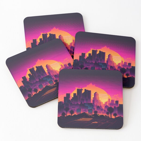 Item preview, Synth wave retro city landscape background at sunset designed and sold by Damian Sobczyk.