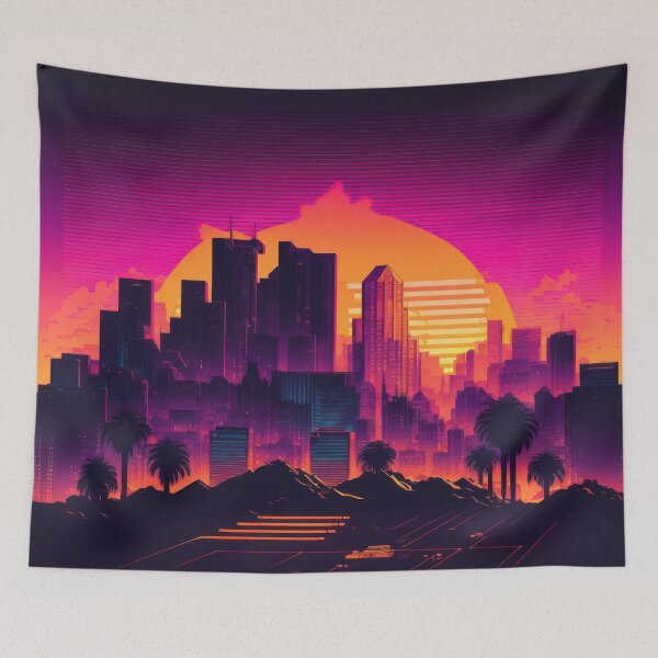 Item preview, Synth wave retro city landscape background at sunset designed and sold by Damian Sobczyk.