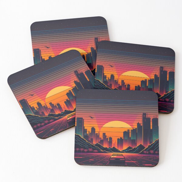 Item preview, Synth wave retro city landscape background at sunset designed and sold by Damian Sobczyk.