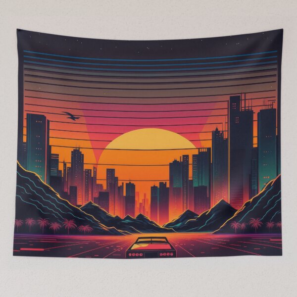 Item preview, Synth wave retro city landscape background at sunset designed and sold by Damian Sobczyk.