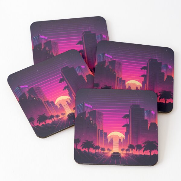 Item preview, Synth wave retro city landscape background at sunset designed and sold by Damian Sobczyk.
