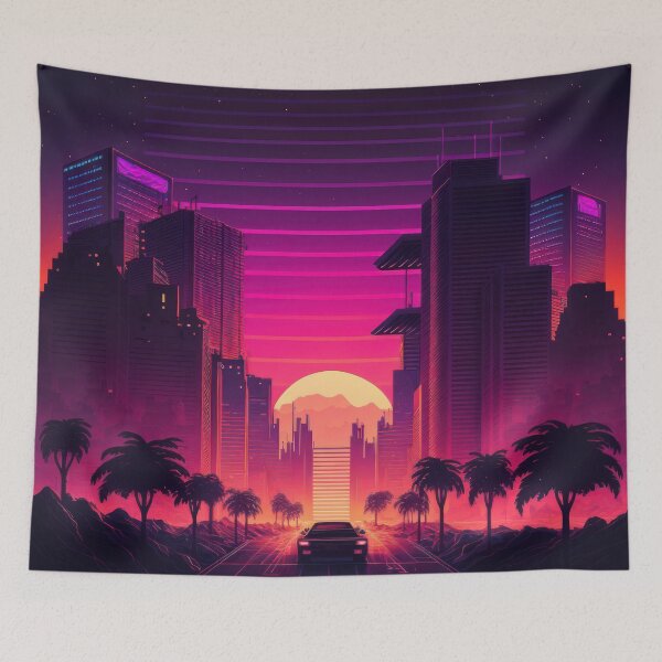 Item preview, Synth wave retro city landscape background at sunset designed and sold by Damian Sobczyk.