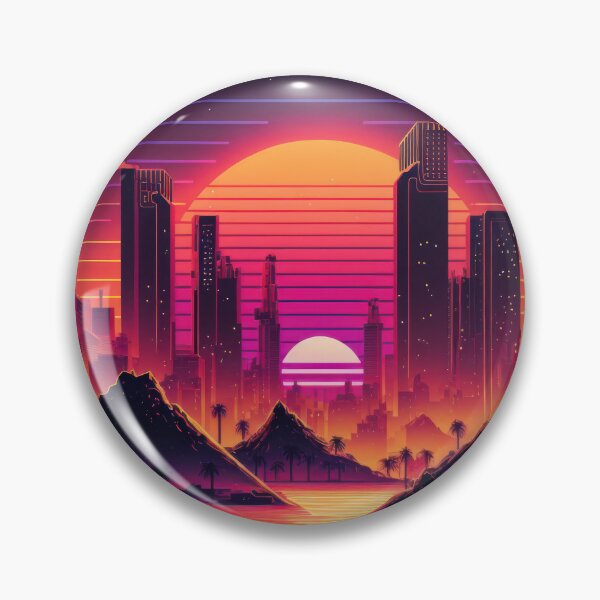 Item preview, Synth wave retro city landscape background at sunset designed and sold by Damian Sobczyk.
