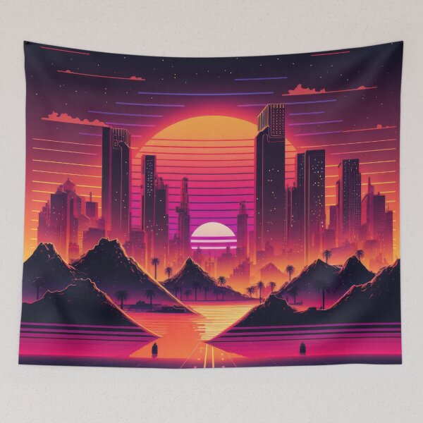 Item preview, Synth wave retro city landscape background at sunset designed and sold by Damian Sobczyk.