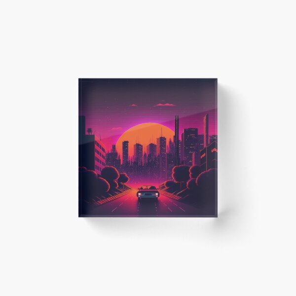 Item preview, Synth wave retro city landscape background at sunset designed and sold by Damian Sobczyk.
