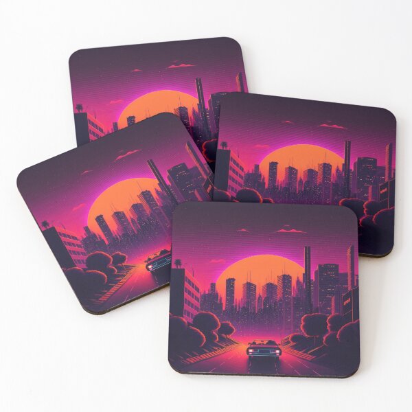 Item preview, Synth wave retro city landscape background at sunset designed and sold by Damian Sobczyk.