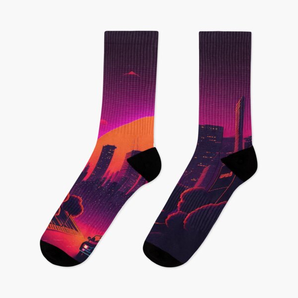 Item preview, Synth wave retro city landscape background at sunset designed and sold by Damian Sobczyk.