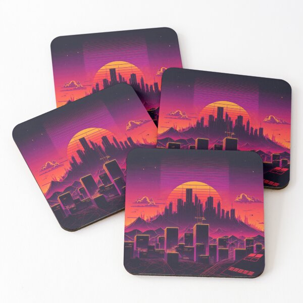 Item preview, Synth wave retro city landscape background at sunset designed and sold by Damian Sobczyk.