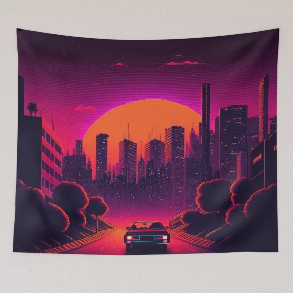 Item preview, Synth wave retro city landscape background at sunset designed and sold by Damian Sobczyk.