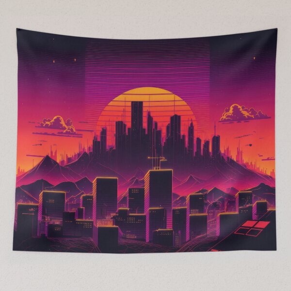 Item preview, Synth wave retro city landscape background at sunset designed and sold by Damian Sobczyk.