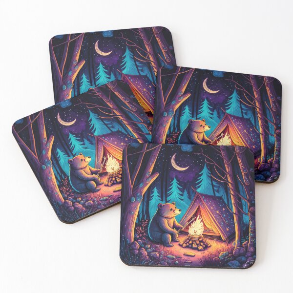 Item preview, Good ol' Bear Critter Sticker - Digital Art showing a cute and happy bear toasting marshmallows over a campfire while camping.  designed and sold by SeaStories88.