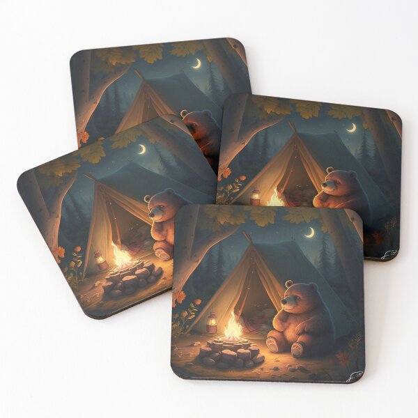 Item preview, Good ol' Bear Critter Sticker - Digital Art showing a cute and happy bear toasting marshmallows over a campfire while camping.  designed and sold by SeaStories88.