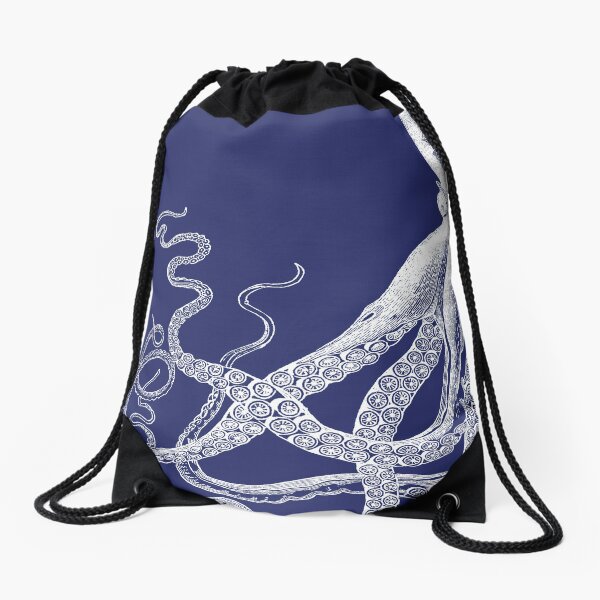 Half Octopus | Left Side | Vintage Octopus | Tentacles | Sea Creatures | Nautical | Ocean | Sea | Beach | Diptych | Navy Blue and White |  Drawstring Bag