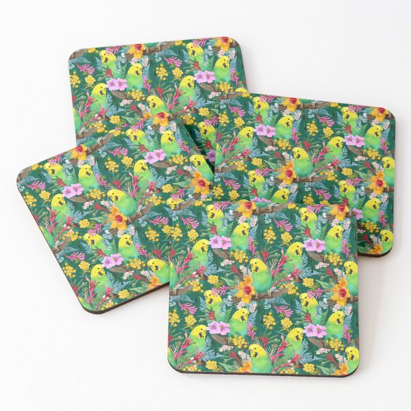 Item preview, Green And Yellow Australian Budgerigar Wildflower Pattern designed and sold by Sketchbook Designs.