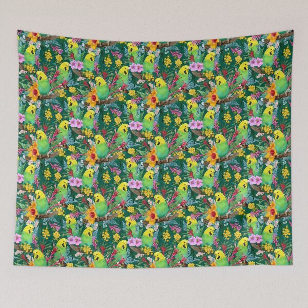 Item preview, Green And Yellow Australian Budgerigar Wildflower Pattern designed and sold by Sketchbook Designs.