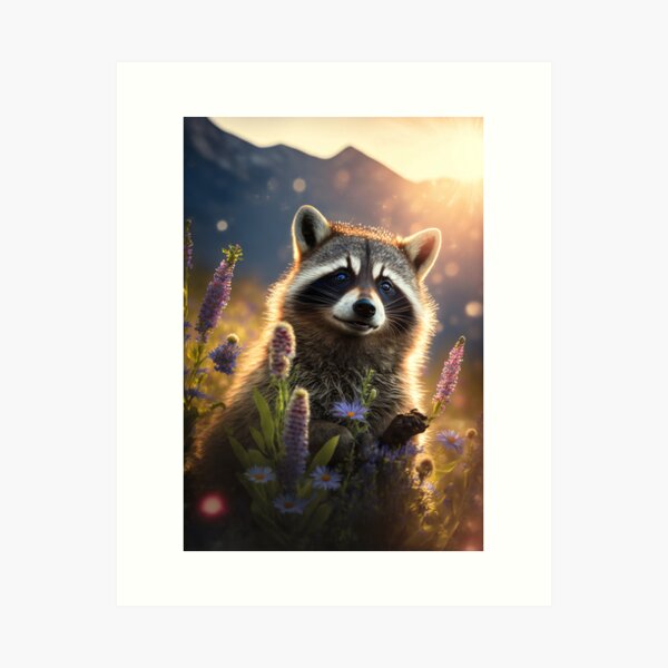 Item preview, Raccoon with Wild Flowers, Mountains in the Sunlight designed and sold by CLOUDREST.