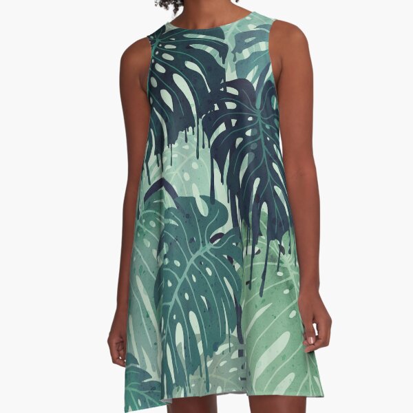 Monstera Melt (in Green) A-Line Dress