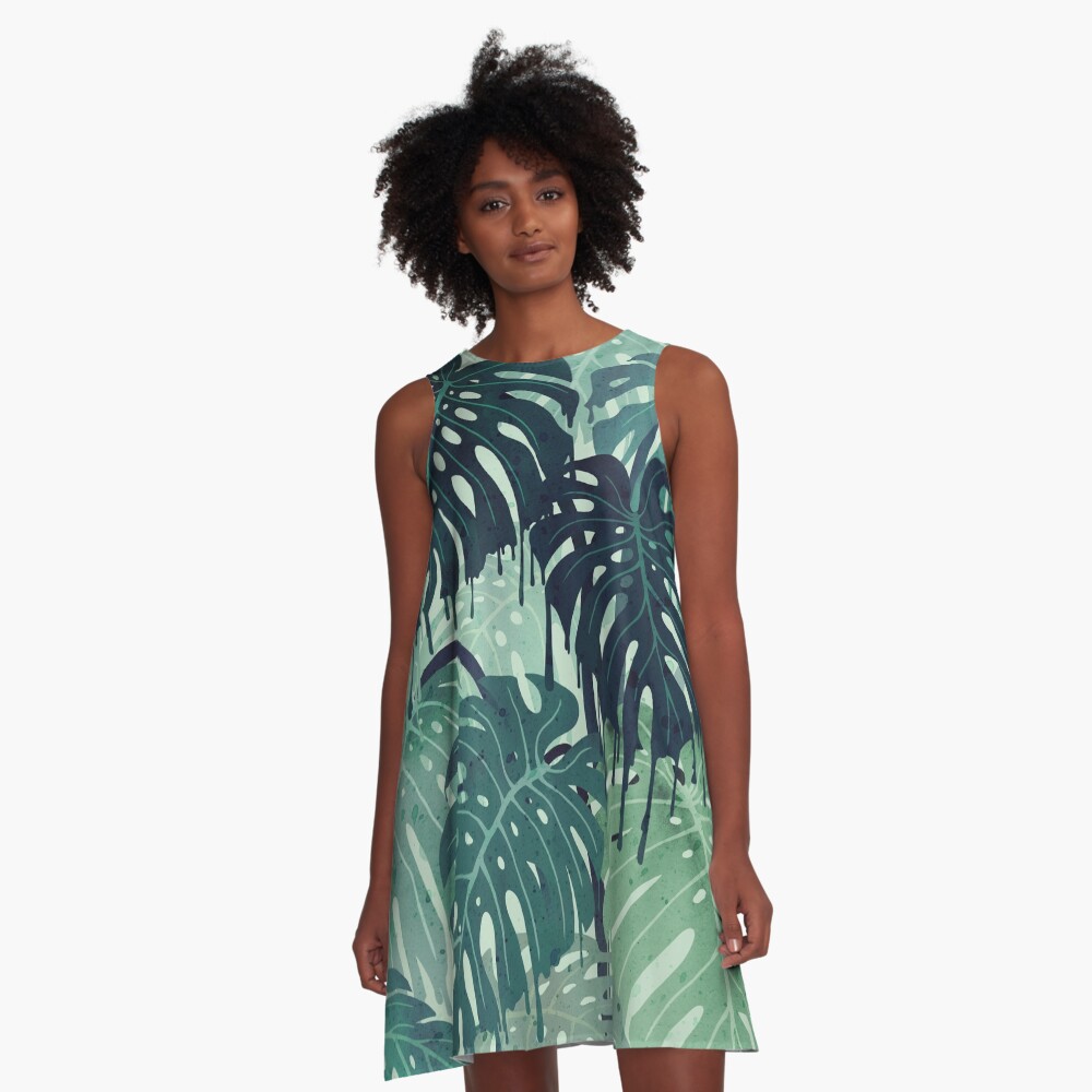 Monstera Melt (in Green) A-Line Dress
