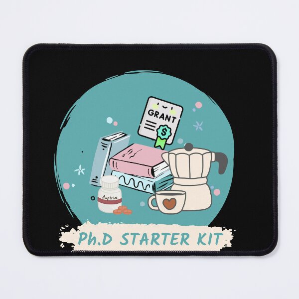 Item preview, PhD starter kit, with aspirin, books, coffee mug, coffee pot and grant money designed and sold by Lady-Frost.