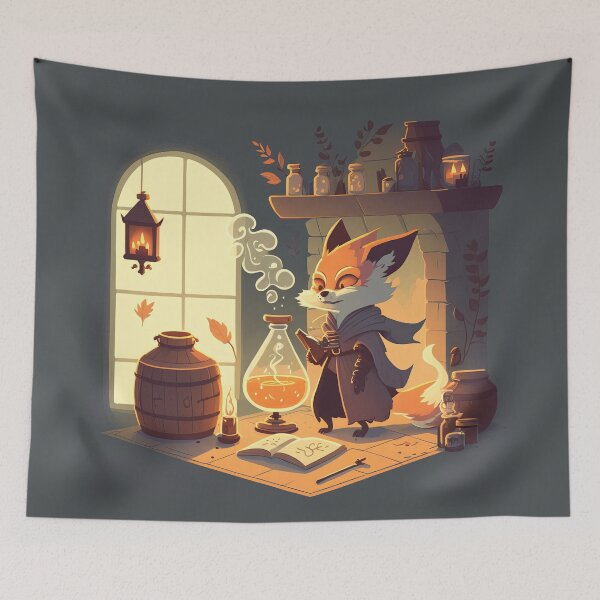 Item preview, Mystical Fox Sorceress Brewing in an Ancient Room - Fantasy Art designed and sold by quick-drops.