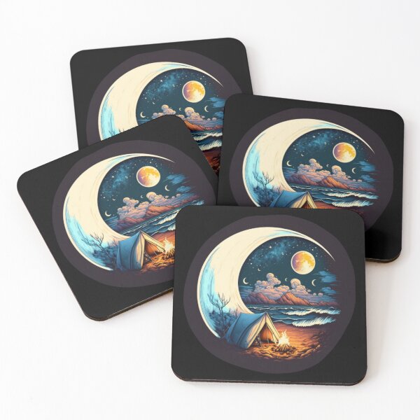 Item preview, camping between waves under moon hand drawn designed and sold by salahnewdesign.