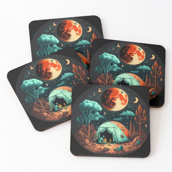 Item preview, camping in woods under moon hand drawn designed and sold by salahnewdesign.