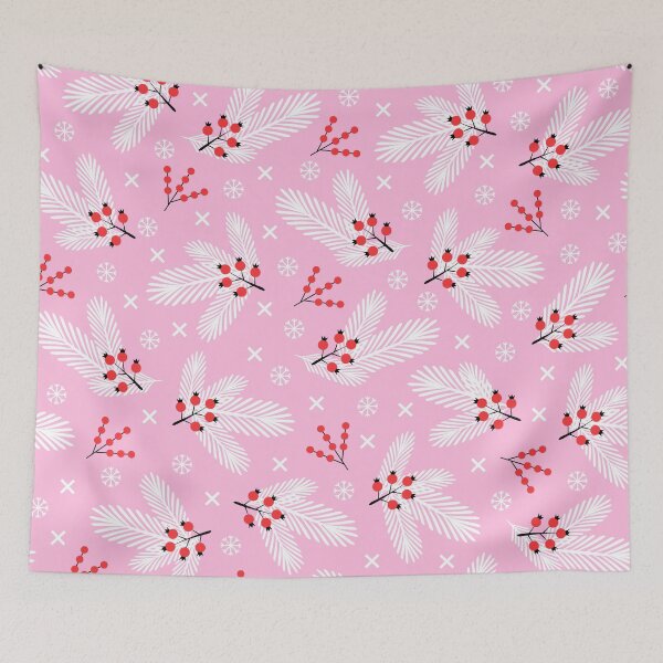 Item preview, Pine branches, snowflakes and berries on pink designed and sold by InnaPoka.