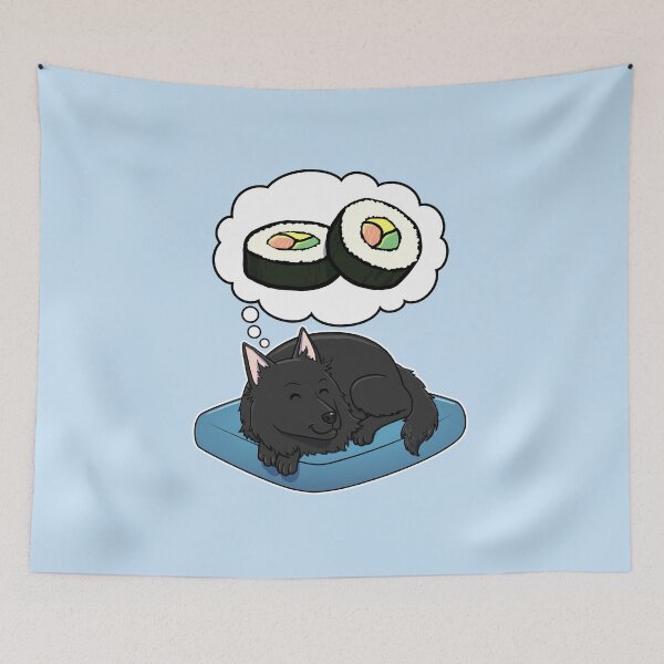 Item preview, Belgian Sheepdog dreaming about Sushi designed and sold by DoggieDelights.
