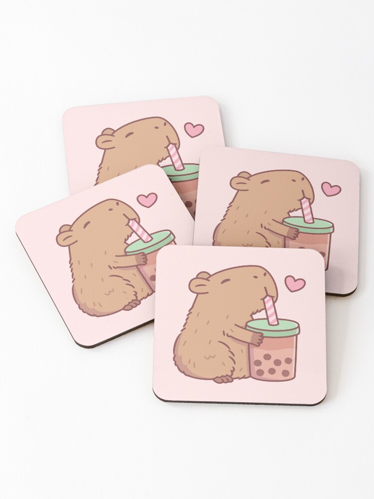 Thumbnail 1 of 5, Coasters (Set of 4), Cute Capybara Loves Bubble Tea designed and sold by rustydoodle.