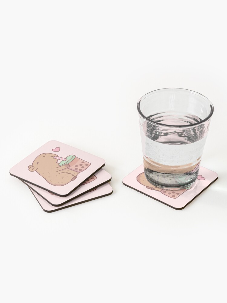 Thumbnail 2 of 5, Coasters (Set of 4), Cute Capybara Loves Bubble Tea designed and sold by rustydoodle.