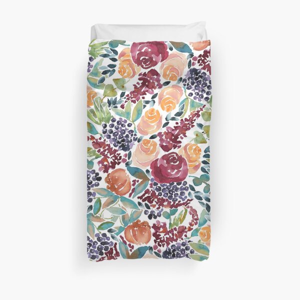 Watercolor Bouquet Hand-Painted Roses Celosia Bilberries Leaves Duvet Cover