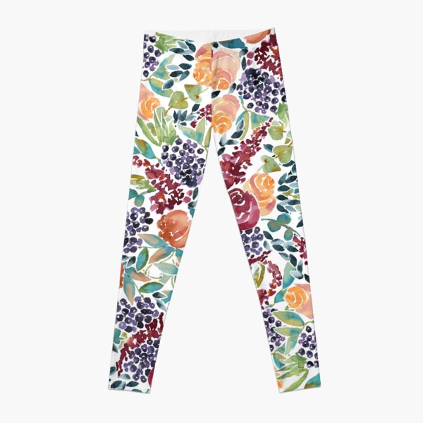 Watercolor Bouquet Hand-Painted Roses Celosia Bilberries Leaves Leggings