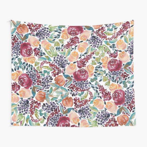 Watercolor Bouquet Hand-Painted Roses Celosia Bilberries Leaves Tapestry