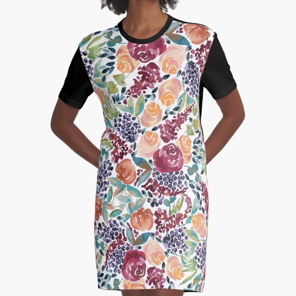 Watercolor Bouquet Hand-Painted Roses Celosia Bilberries Leaves Graphic T-Shirt Dress