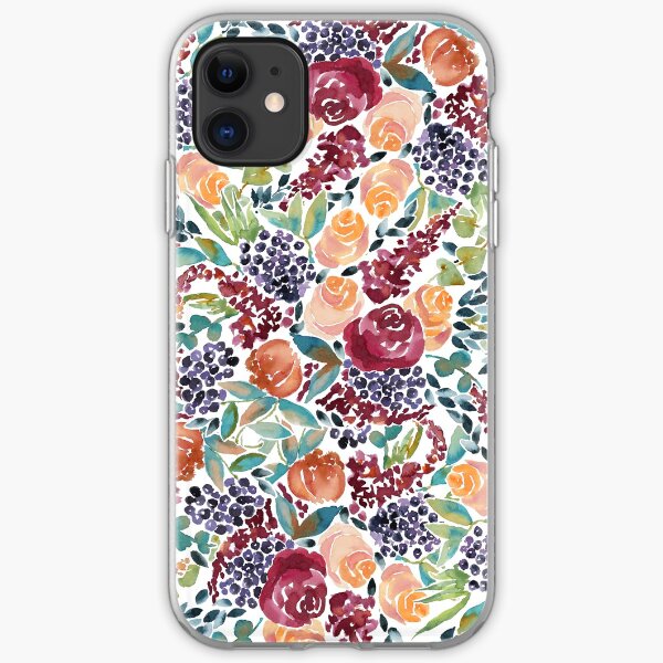 Watercolor Bouquet Hand-Painted Roses Celosia Bilberries Leaves iPhone Soft Case