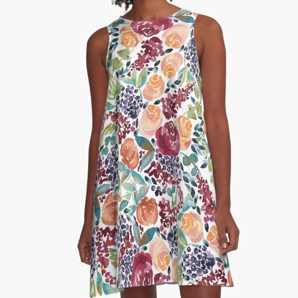 Watercolor Bouquet Hand-Painted Roses Celosia Bilberries Leaves A-Line Dress