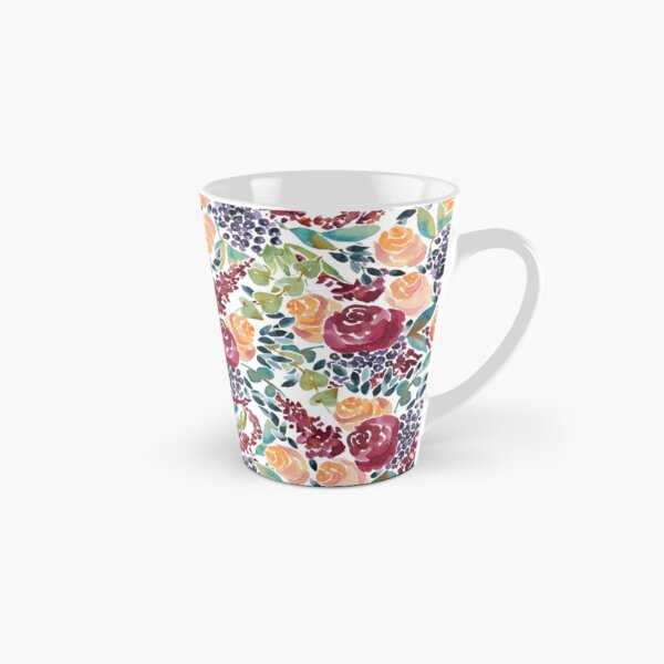 Watercolor Bouquet Hand-Painted Roses Celosia Bilberries Leaves Tall Mug