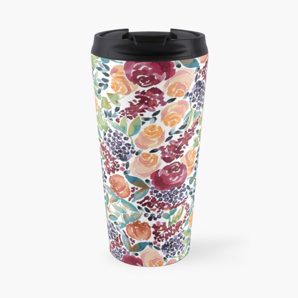 Watercolor Bouquet Hand-Painted Roses Celosia Bilberries Leaves Travel Mug