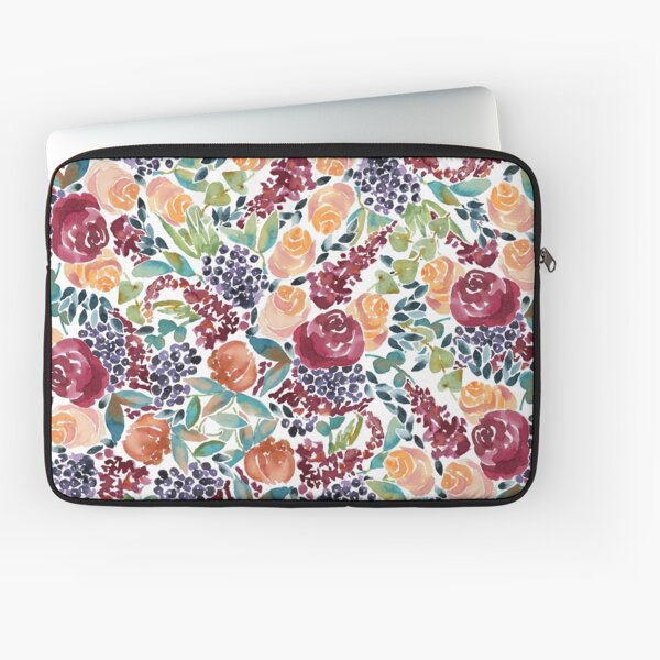 Watercolor Bouquet Hand-Painted Roses Celosia Bilberries Leaves Laptop Sleeve