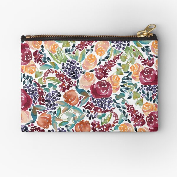 Watercolor Bouquet Hand-Painted Roses Celosia Bilberries Leaves Zipper Pouch