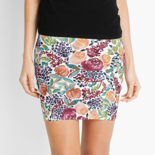 Watercolor Bouquet Hand-Painted Roses Celosia Bilberries Leaves Mini Skirt