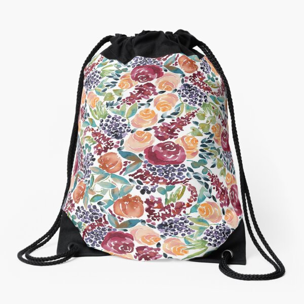 Watercolor Bouquet Hand-Painted Roses Celosia Bilberries Leaves Drawstring Bag