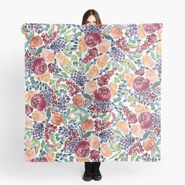 Watercolor Bouquet Hand-Painted Roses Celosia Bilberries Leaves Scarf