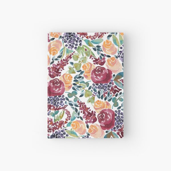 Watercolor Bouquet Hand-Painted Roses Celosia Bilberries Leaves Hardcover Journal