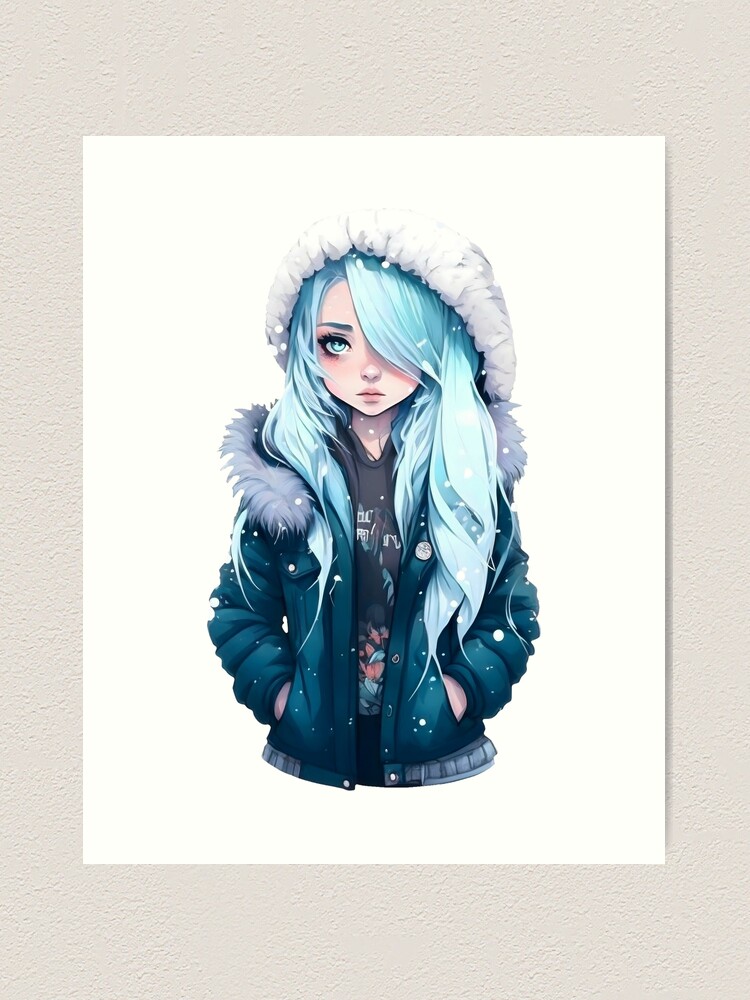 Blue Haired Girl Anime Drawing Print Cute Anime Girl 