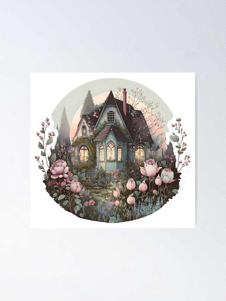 Cottage and Pink Flowers Garden - Cottagecore Fairycore Aesthetics | Poster