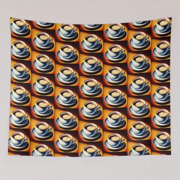Item preview, An isolated latte in a coffee cup placed on top of a white saucer. Plain orange background. Digital illustration. designed and sold by Bookwyrm-Bazaar.