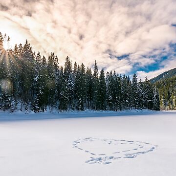 Artwork thumbnail, heart on the snow in spruce forest at sunset by mike-pellinni