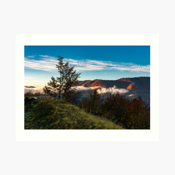 foggy sunrise in mountainous countryside Art Print