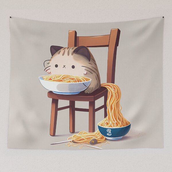 Aperçu de l'œuvre Chat qui mange des spaghettis créée et vendue par AiCollection.